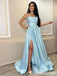 Elegant Sexy Blue Strapless A-line Evening Gown Maxi Long Formal Dresses Prom Dresses with Side Slit ,WGP899