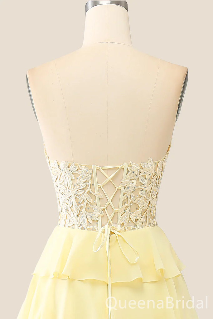 Light Yellow Strapless Tiered Sweetheart Lace Appliques A-line Lace Up Back Long Prom Dresses to Impress ,WGP1333