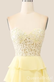 Light Yellow Strapless Tiered Sweetheart Lace Appliques A-line Lace Up Back Long Prom Dresses to Impress ,WGP1333