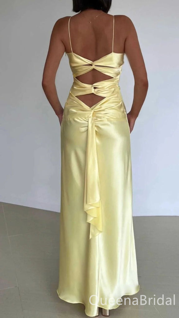 Stylish Light Yellow Spaghetti Straps A-line Long Prom Dresses to Impress ,WGP1553