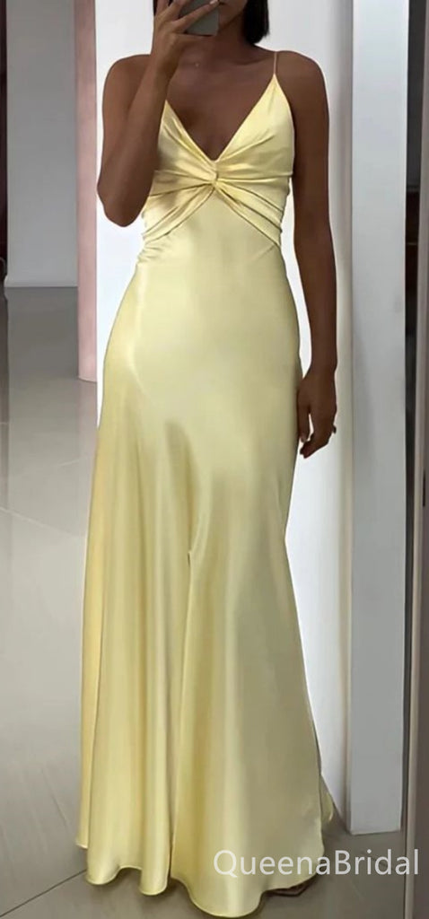 Stylish Light Yellow Spaghetti Straps A-line Long Prom Dresses to Impress ,WGP1553