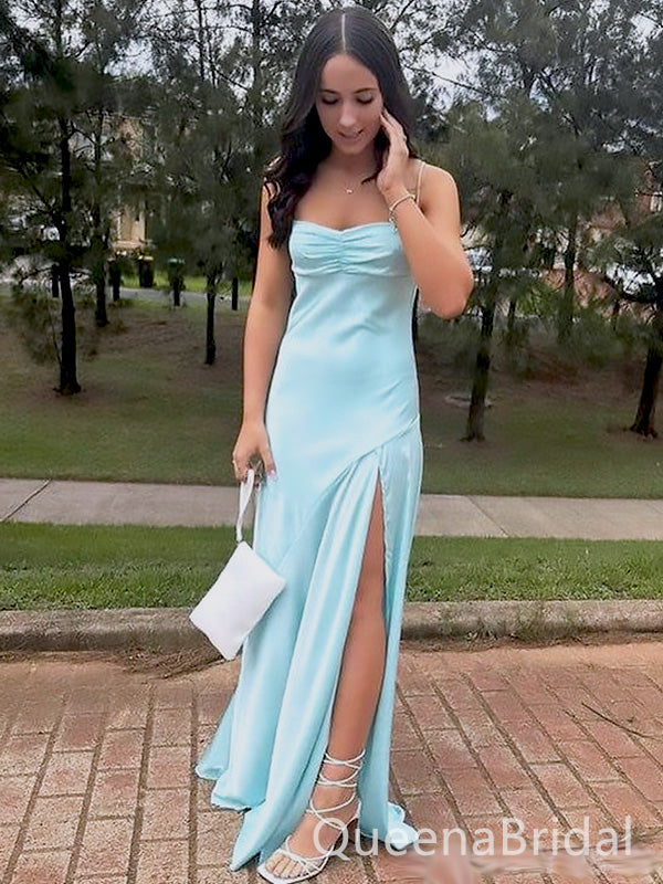 Elegant Blue Spaghetti Strap Mermaid Side Slit Sleeveless Evening Prom Dresses,WGP518