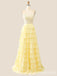 Light Yellow Strapless Tiered Sweetheart Lace Appliques A-line Lace Up Back Long Prom Dresses to Impress ,WGP1333