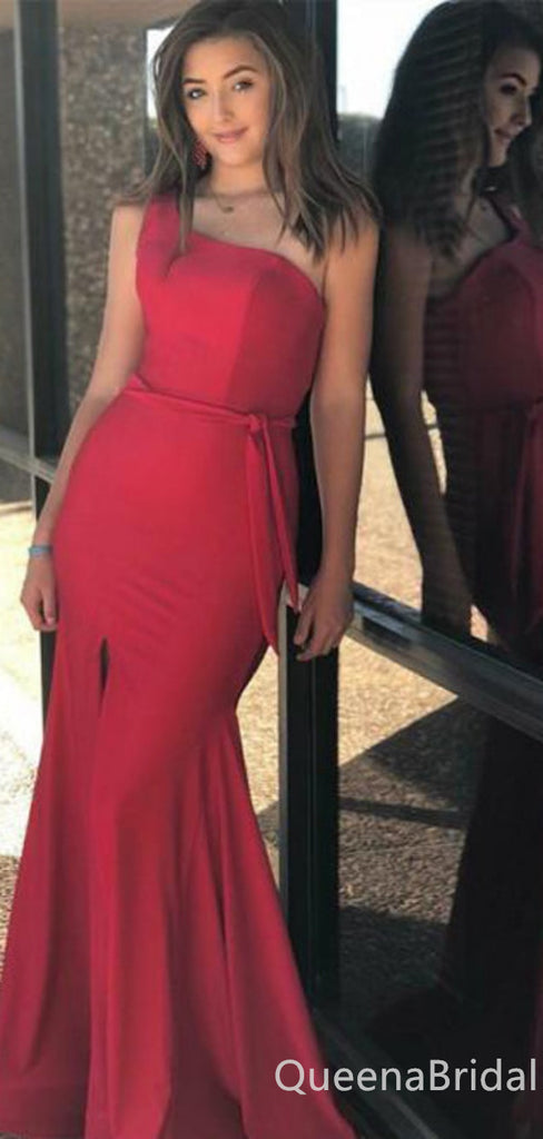 Sexy Red One Shoulder Sheath Evening Gown Maxi Long Formal Dresses Prom Dresses With Front Slit,WGP882