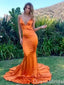 Sexy Orange Spaghetti Straps Plunging Mermaid Open Back Evening Gown Maxi Long Formal Dresses Prom Dresses with Trailing ,WGP900