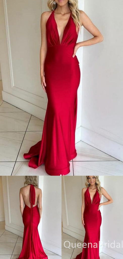 Sexy Red Halter Plunging Mermaid Open Back Evening Gown Maxi Long Formal Dresses Prom Dresses with Trailing ,WGP901