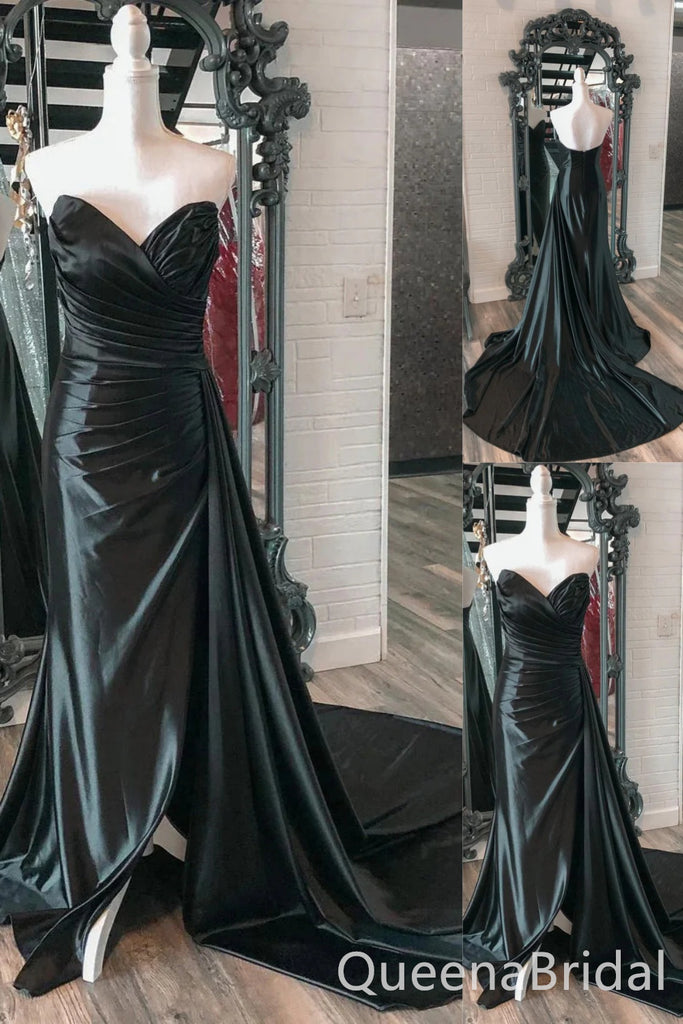 Black Strapless Mermaid V Neck Long Prom Dresses to Impress with Train,WGP1335