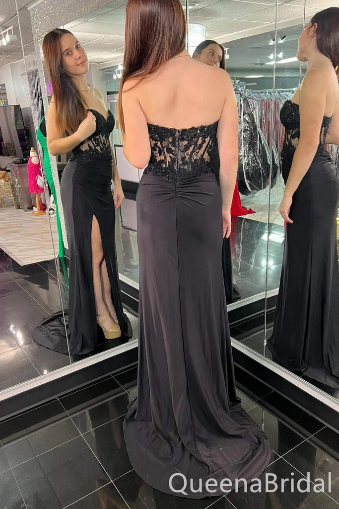 Strapless Black Lace Appliques Sweetheart Side Slit Mermaid Long Prom Dresses ,WGP1558