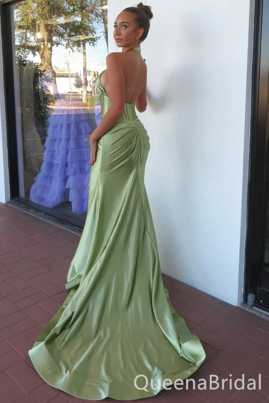 Green Halter Pleats Mermaid Long Prom Dresses ,WGP1561