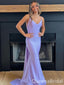 Lilac Spaghetti Straps V Neck Open Back Mermaid Long Prom Dresses ,WGP1562