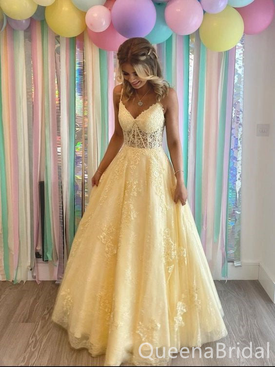 Elegant Spaghetti Straps Lace up Back Lace Appliques Tulle Evening Gown Long Prom Dresses ,WGP649