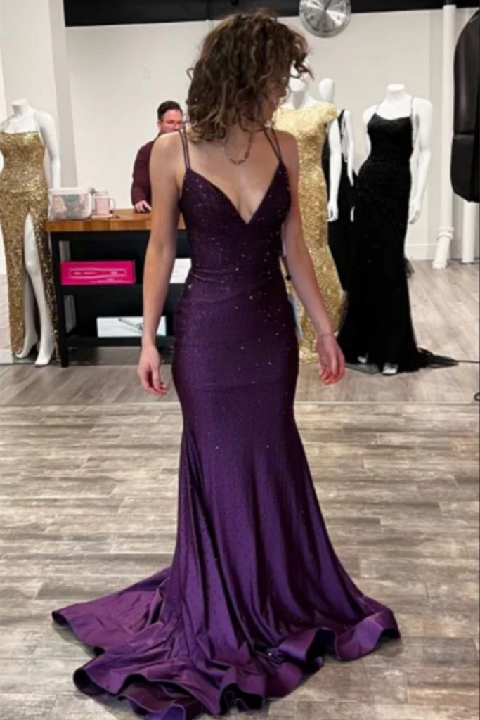 Sexy Purple V Neck Spaghetti Straps Mermaid Party Dress Long Prom Dresses to Impress ,WGP1534