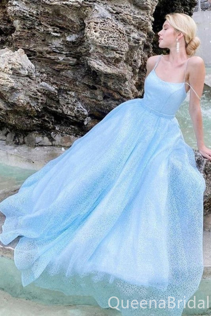 Sexy Spaghetti Straps Blue A-line Mermaid Lace up Back Party Dress Long Prom Dresses to Impress ,WGP1714