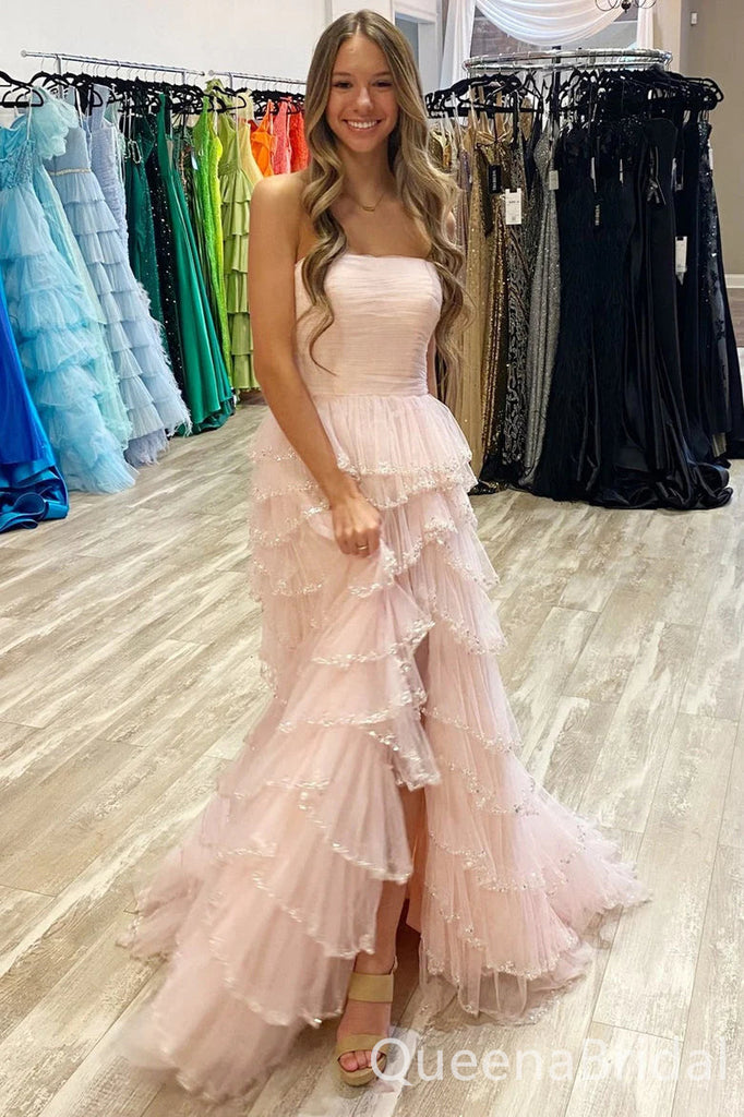 Elegant Light Pink Side Slit Strapless A-line Long Prom Dresses ,WGP1569