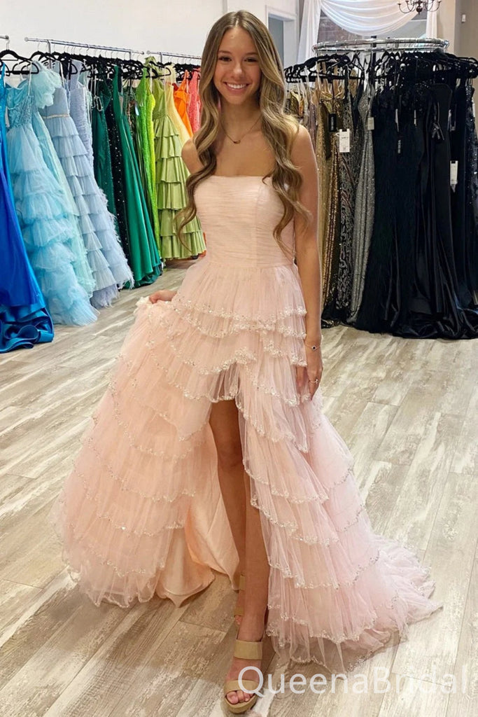 Elegant Light Pink Side Slit Strapless A-line Long Prom Dresses ,WGP1569