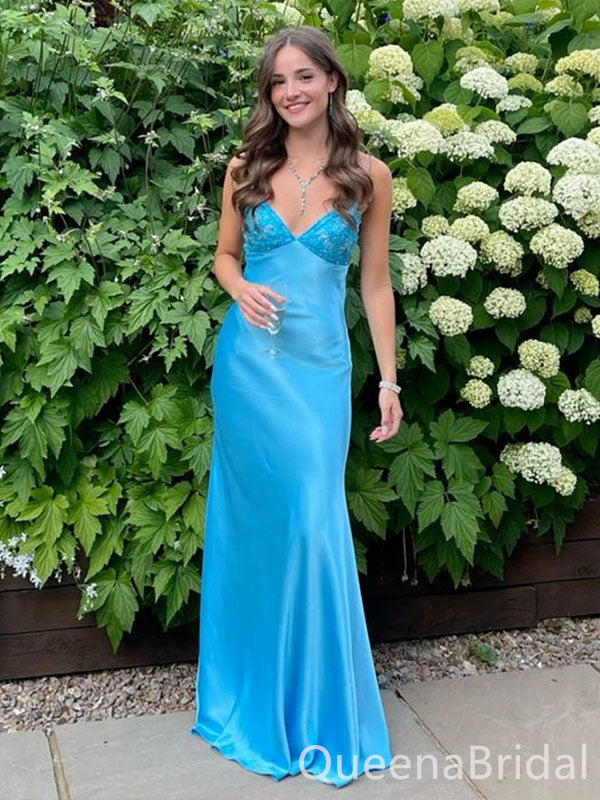 Stunning Blue Spaghetti Straps V Neck Sheath Long Prom Dresses ,WGP1572