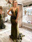 Sexy Sheath Spaghetti Straps Olive Green Plunging Open Back Evening Gown Long Formal Dresses Prom Dresses,WGP810