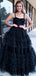 Sexy Black Spaghetti Straps Ruffle Tulle A- Line Long Evening Prom Dresses,WGP503