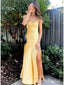 Elegant Yellow Spaghetti Strap Pleats Side Slit Simple Evening Prom Dresses,WGP487