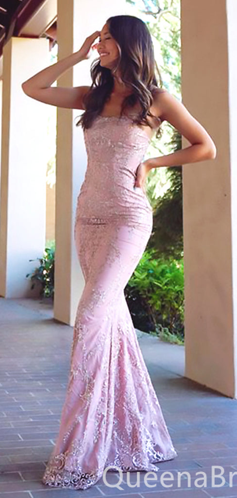 Elegant Light Pink Lace Appliques Mermaid Sleeveless Evening Prom Dresses,WGP524