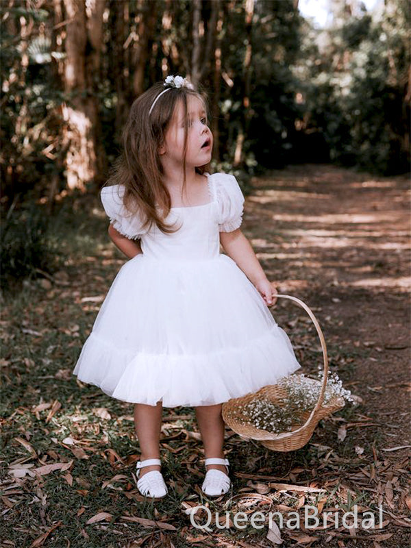 Cute White Tulle Ruffle A- Line Cheap Simple Flower Girl Dresses, FGS0026