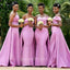 Elegant Pink Off Shoulder Tulle Simple Cheap Mermaid Long Bridesmaid Dresses , BDS0197