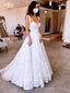 Elegant White Spaghetti Straps V Neck Lace Appliques A-Line Long Wedding Dresses,WGP205