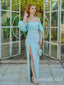 Elegant Sexy Light Blue Off Shoulder Mermaid Long Prom Dresses to Impress with Slit ,WGP1369