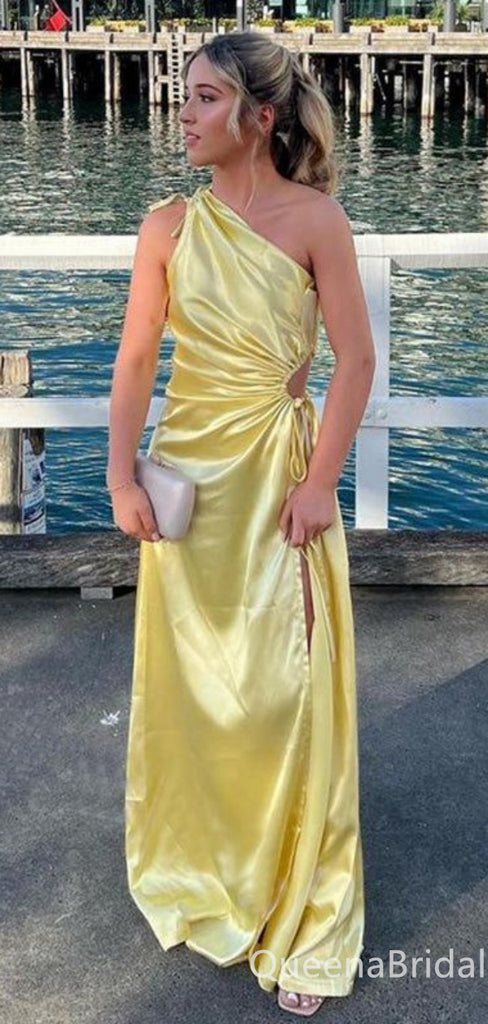 Elegant One Shoulder Sheath Yellow Evening Gown Long Formal Dresses Prom Dresses,WGP811