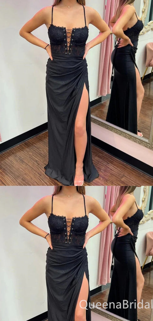 Sexy Black Spaghetti Straps High Slit Lace up Back A-line Evening Gown Long Prom Dresses with Pleats ,WGP691