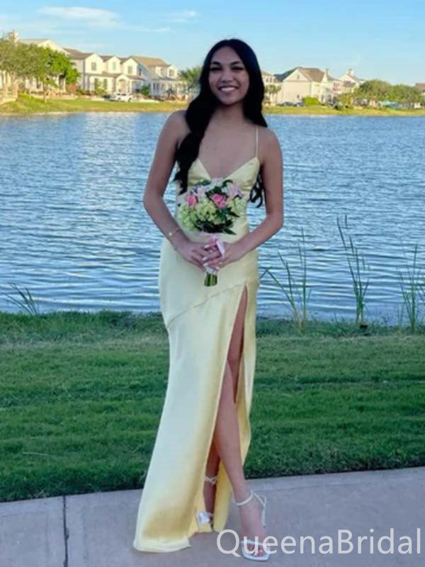 Elegant Sexy V-neck Yellow High Slit Evening Gown Maxi Long Formal Dresses Prom Dresses ,WGP856