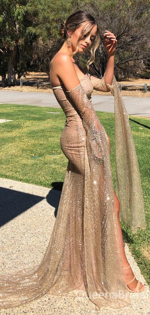 Sparkle Champagne Strapless Long Sleeves Mermaid Long Prom Dresses to Impress with Slit,WGP1338