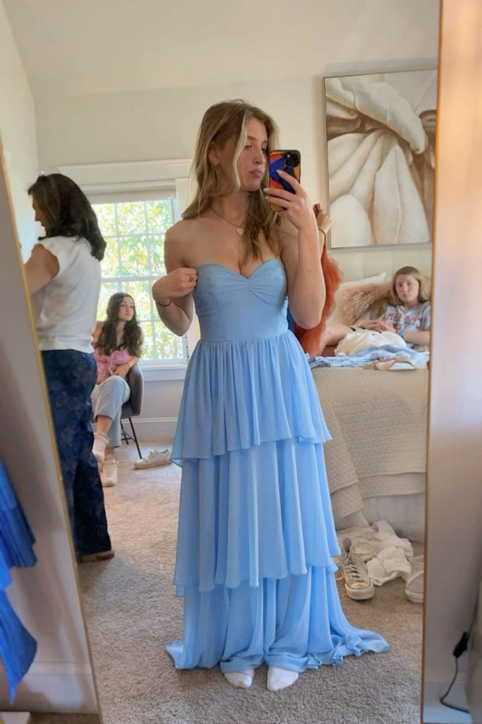 Sexy Blue Tiered Chiffon Strapless Sweetheart Party Dress Long Prom Dresses to Impress ,WGP1394