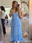 Sexy Blue Tiered Chiffon Strapless Sweetheart Party Dress Long Prom Dresses to Impress ,WGP1394