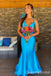 Elegant Blue V Neck Mermaid Long Prom Dresses  ,WGP1591