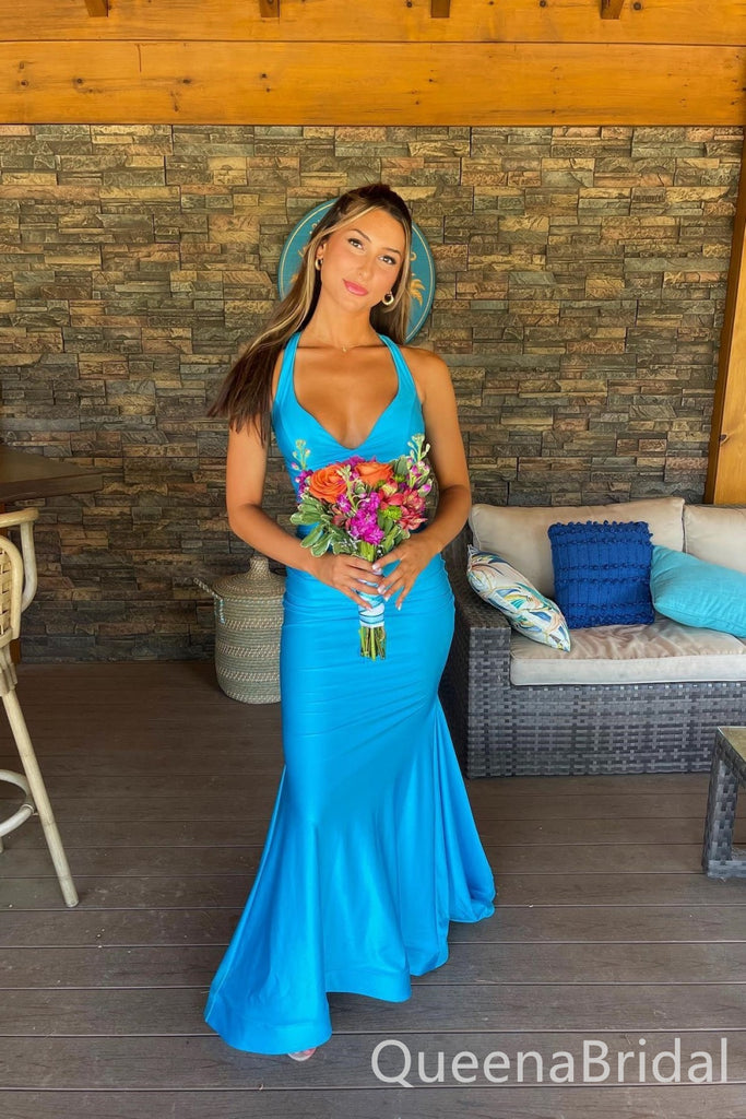 Elegant Blue V Neck Mermaid Long Prom Dresses  ,WGP1591