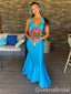 Elegant Blue V Neck Mermaid Long Prom Dresses  ,WGP1591