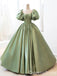 Elegant Green Bubble Sleeves A-line Lace up Back Party Dress Long Prom Dresses to Impress ,WGP1395