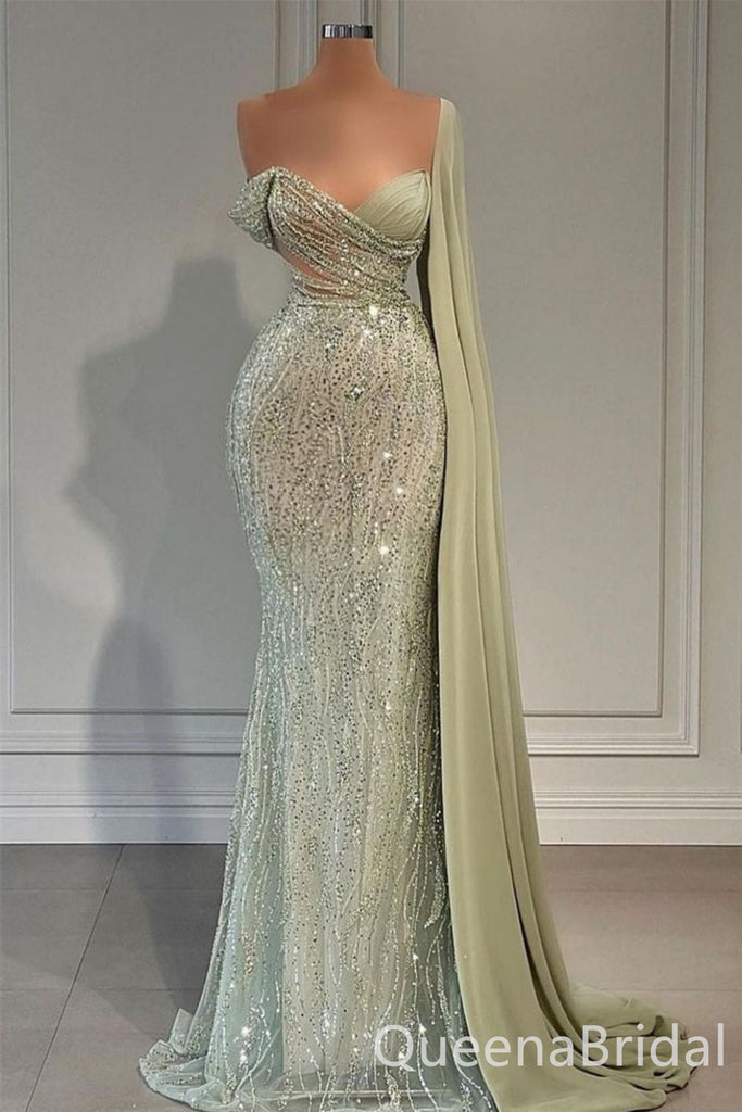 Sparkle Green Off Shoulder V Neck Mermaid Evening Gown Long Evening Party Prom Dresses ,WGP1245