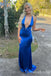 Sexy Blue Plunging Lace up Back Mermaid Long Party Dress Prom Dresses ,WGP1894