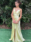 Stylish Light Yellow V Neck Front Slit Spaghetti Straps Sheath Long Party Dress Prom Dresses ,WGP1887