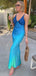 Elegant Blue Spaghetti Straps V Neck Mermaid Sleeveless Evening Prom Dresses,WGP519