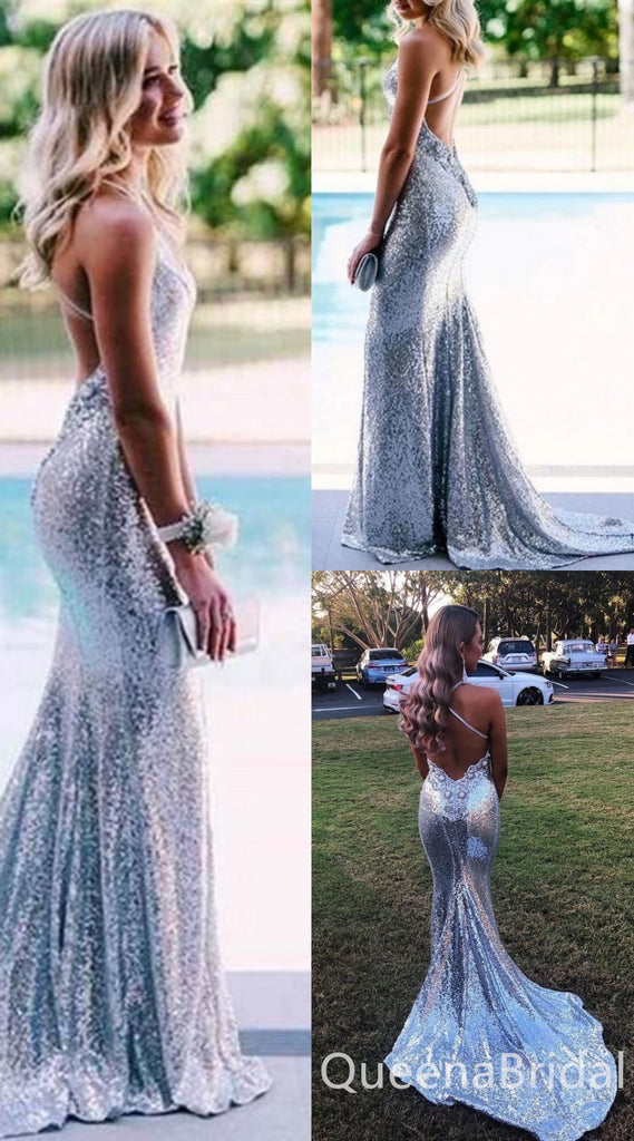 Sparkle Silver V Neck Cross Back Mermaid Long Prom Dresses to Impress ,WGP1340