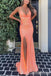 Sexy Shiny Orange Spaghetti Straps V Neck Mermaid Side Slit  Long Prom Dresses ,WGP1601