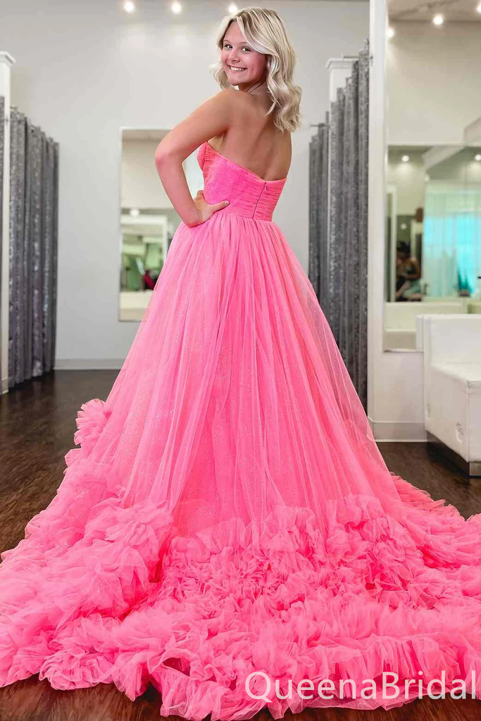 Gorgeous Strapless Pink Ruffles Sweetheart Tulle A-line Party Dress Long Prom Dresses to Impress ,WGP1633