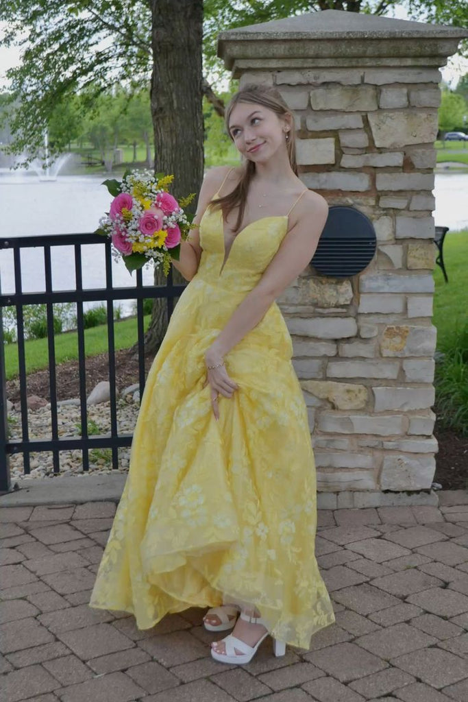 Elegant Yellow Spaghetti Straps A-line Long Party Dress Prom Dresses ,WGP1835