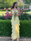 Elegant Light Yellow Sheath Tiered Long Prom Dresses ,WGP1606