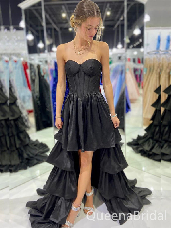 Black High Low Strapless A-line Layer Evening Gown Long Evening Party Prom Dresses ,WGP1247