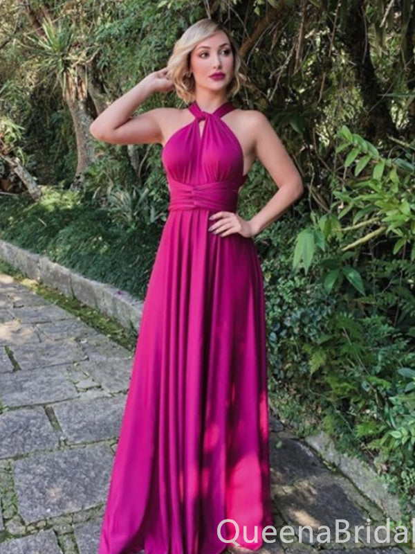 Hot Pink Halter Criss Cross A-line Evening Gown Maxi Long Evening Party Prom Dresses ,WGP1164