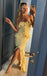 Sexy Yellow Spaghetti Straps High Low Party Dress Long Prom Dresses to Impress ,WGP1399